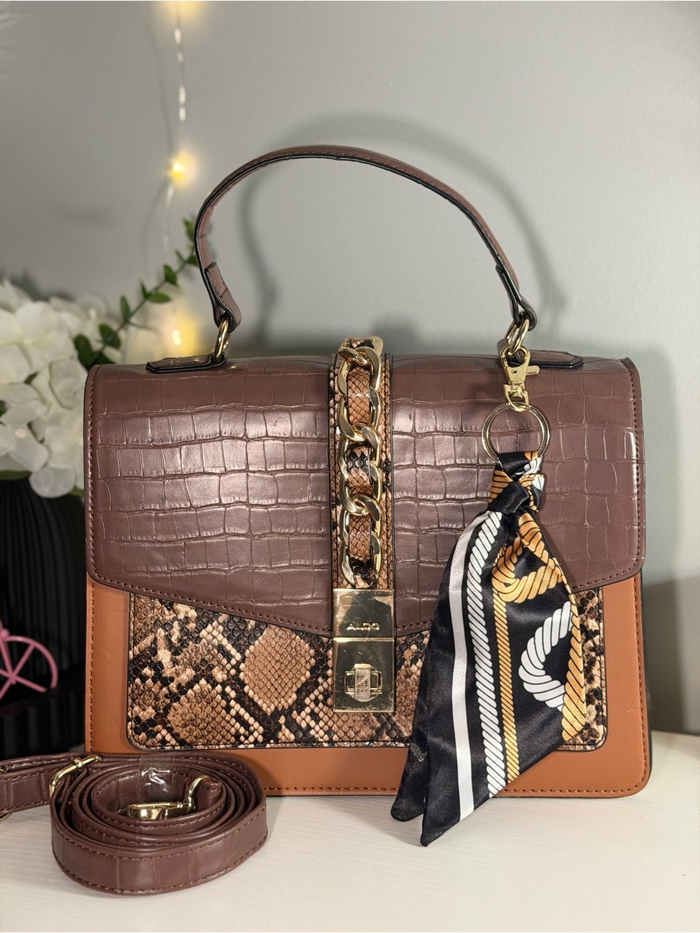 Aldo Brown Croc & Snake-Print Top-Handle Satchel with Scarf Accent